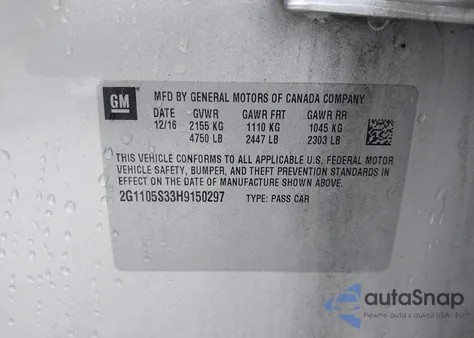 2017 Chevrolet Impala 1Lt из США, поврежденный, VIN 2G1105S33H9150297